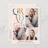 Moderne kleurrijke retrant drie foto-Afstuderen Uitnodiging Briefkaart (Voorkant / Achterkant)