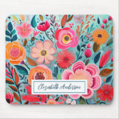 Moderne Kleurrijke Roze Bloemen Monogram Muismat (Voorkant)