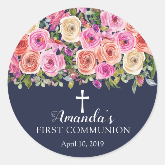 Moderne kleurrijke roze Floral eerste gemeenschap Ronde Sticker (Voorkant)