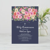 Moderne kleurrijke roze Floral eerste Heilige Comm Kaart (Staand voorkant)