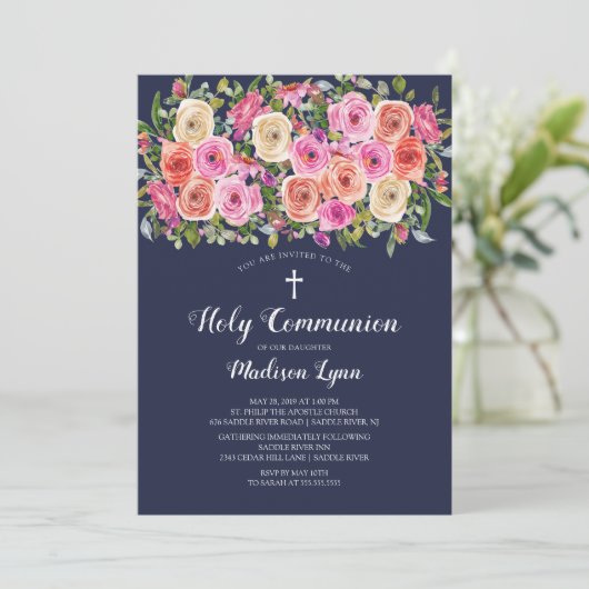 Moderne kleurrijke roze Floral eerste Heilige Comm Kaart (Staand voorkant)