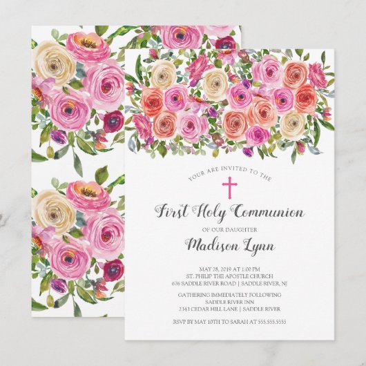 Moderne kleurrijke roze Floral eerste Heilige Comm Kaart (Voorkant / Achterkant)