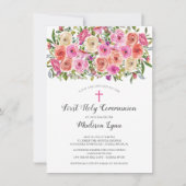 Moderne kleurrijke roze Floral eerste Heilige Comm Kaart (Voorkant)