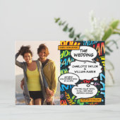 Moderne Kleurrijke Stripboek Foto Bruiloft Kaart (Staand voorkant)