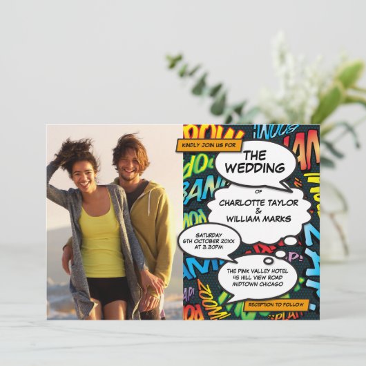 Moderne Kleurrijke Stripboek Foto Bruiloft Kaart (Staand voorkant)