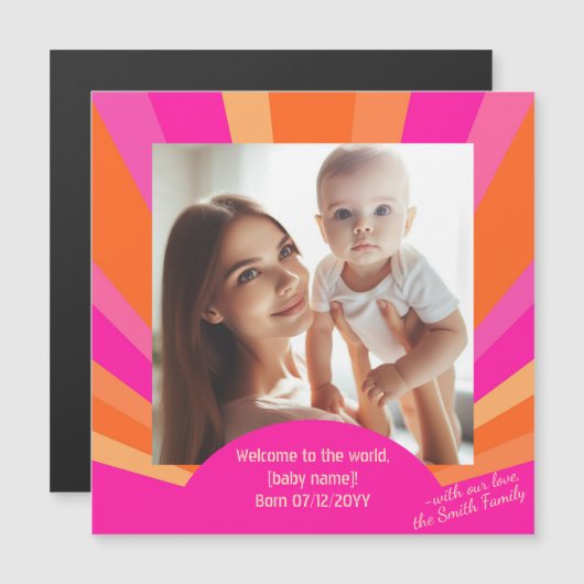 Moderne kleurrijke Sunburst, Baby Fotoaankondiging Magnetische Uitnodiging (Voorkant / Achterkant)