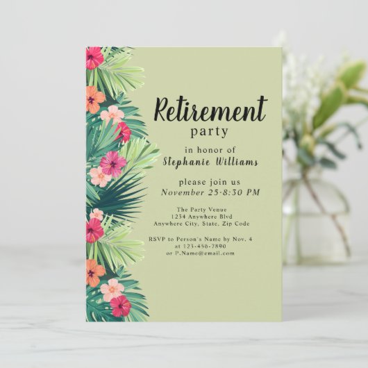 Moderne kleurrijke tropische bloem pensioen partij kaart (Staand voorkant)