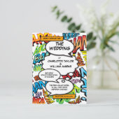Moderne kleurrijke Typografische Fun Comic Wedding Uitnodiging Briefkaart (Staand voorkant)