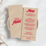 Moderne Kleurrijke Vette Funky Retro Unieke Bruilo Menu<br><div class="desc">Een kleurrijke retro funky moderne perzik geel bruiloft diner menu. Die chique sjabloon ontwerp van boho  zoete roze achtergrond en rode magenta vet typografie. Perfect en matching met de hele suite.</div>