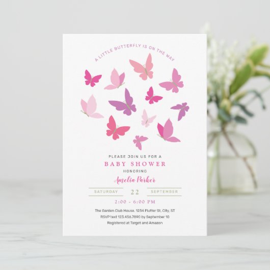 Moderne Kleurrijke Vlinders Baby shower Uitnodigin Kaart (Staand voorkant)