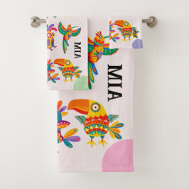 Moderne kleurrijke vogels met monogram roze groen  bad handdoek