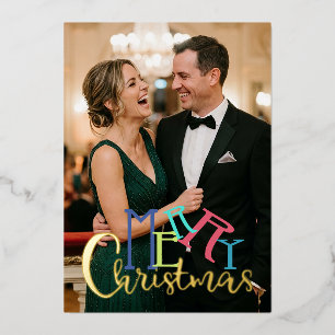 Moderne Kleurrijke Vrolijke Kerst Goud Folie Foto Uitnodiging
