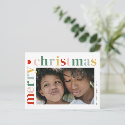 Moderne Kleurrijke Vrolijke Kerstmisfoto Feestdagenkaart (Staand voorkant)