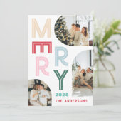 Moderne kleurrijke vrolijke typografie drie foto b feestdagenkaart (Staand voorkant)