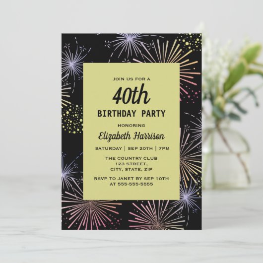 Moderne Kleurrijke Vuurwerk Gouden Zwarte Verjaard Kaart (Staand voorkant)