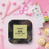 Moderne Kleurrijke Vuurwerk Gouden Zwarte Verjaard Papieren Bordje (Feest)