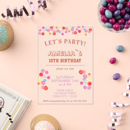 Moderne kleurrijke Waterverf Blots Kids Verjaardag Acryl Uitnodigingen (Insitu (Viering))