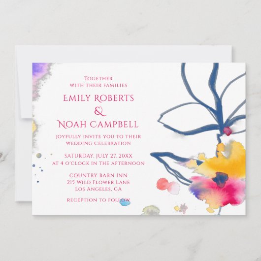Moderne kleurrijke Waterverf Floral Wedding Kaart (Voorkant)