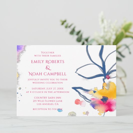 Moderne kleurrijke Waterverf Floral Wedding Kaart (Staand voorkant)