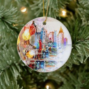 Moderne, kleurrijke waterverf NYC Kerstmis Keramisch Ornament