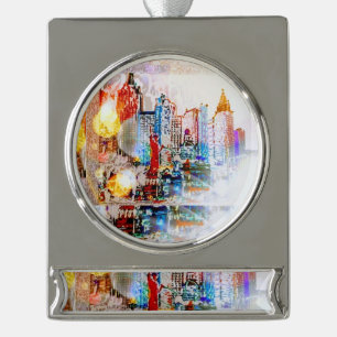 Moderne, kleurrijke waterverf NYC Kerstmis Verzilverd Banner Ornament