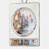 Moderne, kleurrijke waterverf NYC Kerstmis Verzilverd Banner Ornament (Links)