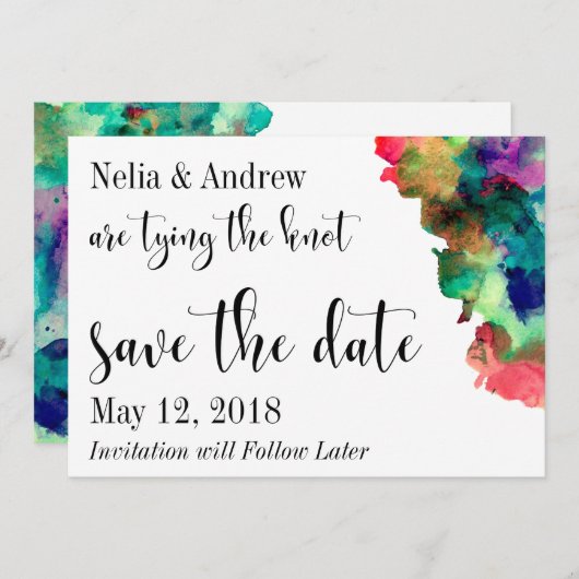 Moderne kleurrijke Waterverf Sparen Datum 2 Save The Date (Voorkant / Achterkant)