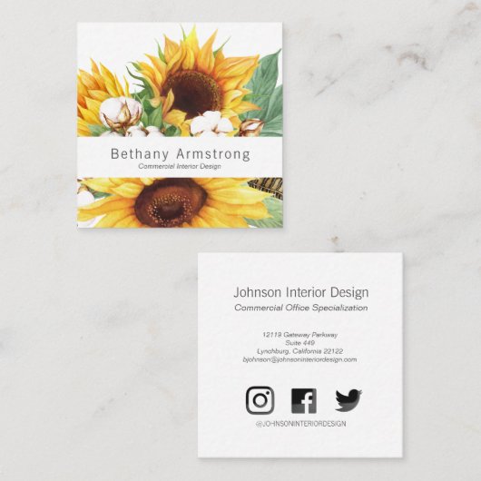 Moderne kleurrijke Waterverf Zonnebloem Visitekaar Vierkante Visitekaartje (Voorkant / Achterkant)