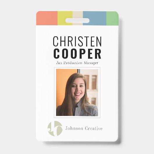 Moderne kleurrijke werknemer Logo barcode Foto-ID Badge (Voorkant)