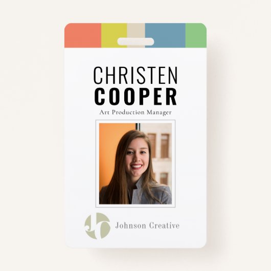 Moderne kleurrijke werknemer Logo barcode Foto-ID Badge (Voorkant)