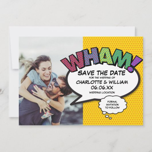 Moderne Kleurrijke WHAM-stripboek Save The Date (Voorkant)