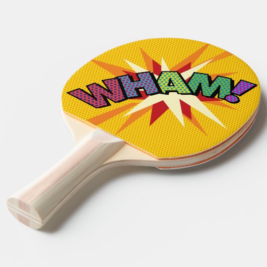 Moderne Kleurrijke WHAM Typografie Stripboek Pop A Tafeltennisbatje (Voorkant Gekanteld)