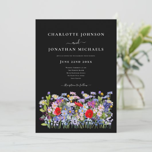 Moderne Kleurrijke Wildbloemen op Zwart Kaart (Staand voorkant)