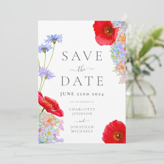 Moderne Kleurrijke Wilde Bloemen Bruiloft Save The Date (Staand voorkant)