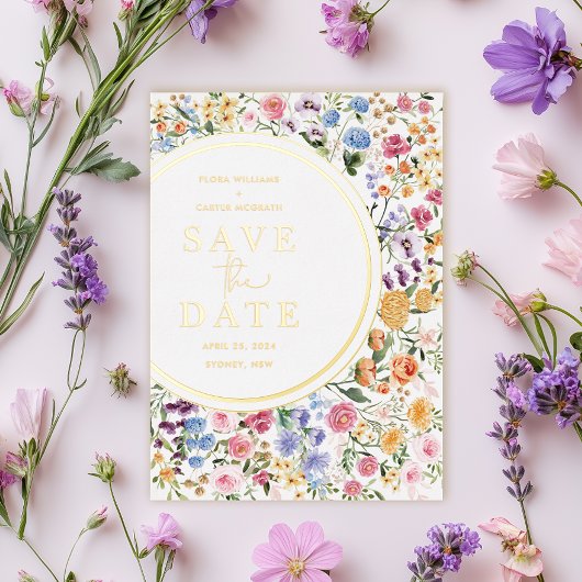 Moderne kleurrijke Wildflower Weddenschap Bewaar d Folie Uitnodiging