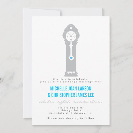 Moderne klok met uitnodiging voor hartenhuwelijk (Voorkant)
