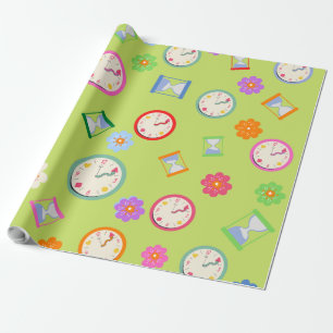 Moderne klokken en groene bloemen cadeaupapier