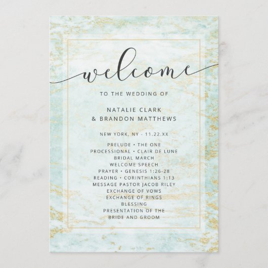 Moderne knikkers in de oceaan met gouden huwelijks programmakaart (Voorkant)