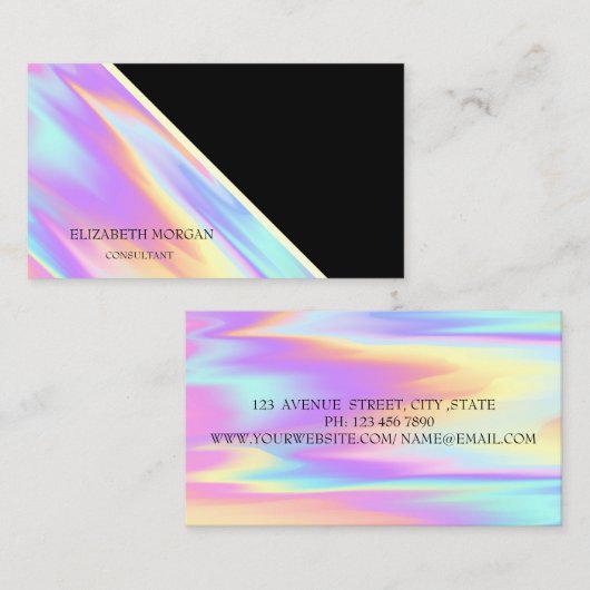 Moderne koel geometrisch, zwart, kleurrijk hologra visitekaartje (Voorkant / Achterkant)