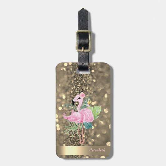 Moderne koelbloem Glitter Gold Stripe Flamingos Bagagelabel (Voorkant verticaal)