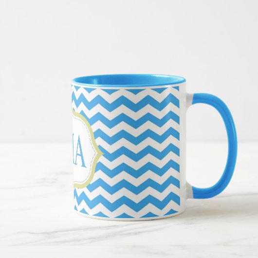 moderne koele blauwe chevron strepen monogram init mok (Rechts)