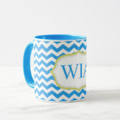 moderne koele blauwe chevron strepen monogram init mok (Voorkant links)
