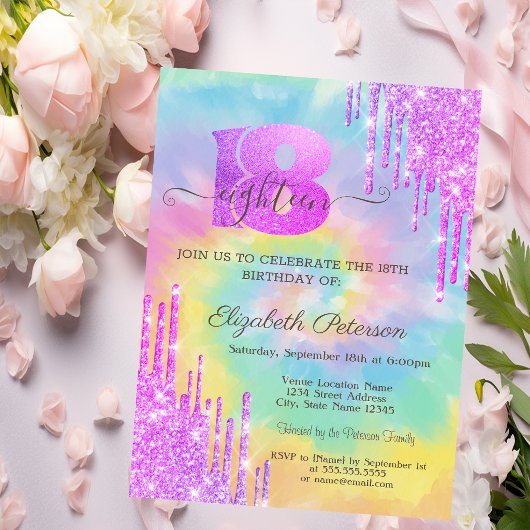 Moderne Koele Paarse Glitter Druppels Tie Dye 18th Kaart