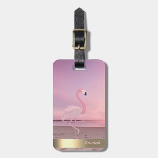 Moderne koele roze flamingo strand zonsondergang bagagelabel (Voorkant verticaal)