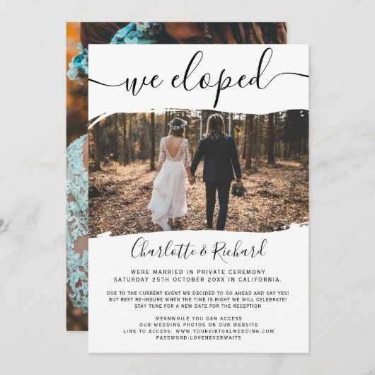 Moderne koele trouwfoto met 'we zijn weggelopen' t aankondiging (Voorkant / Achterkant)