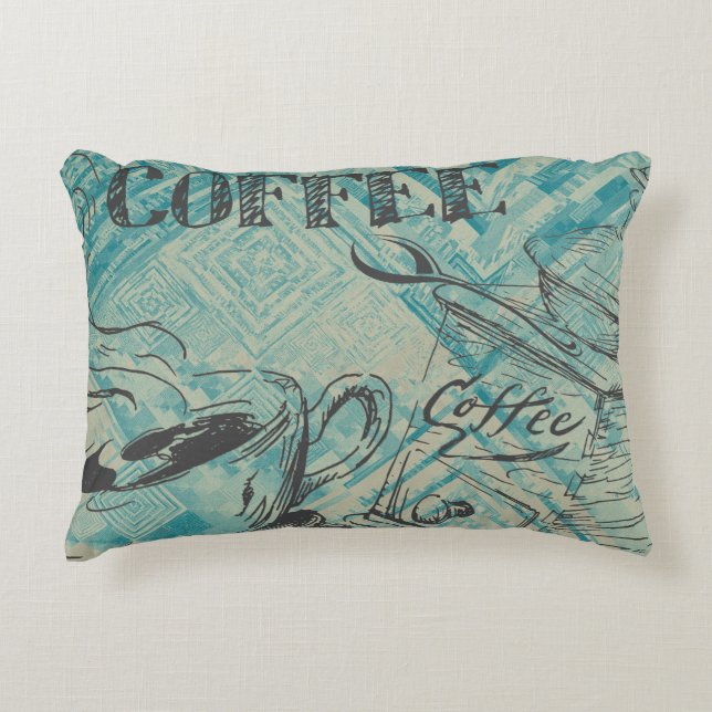 Moderne koffie-art schets blauw accent kussen (Voorkant)