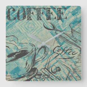 Moderne koffie-art-schets blauw vierkante klok