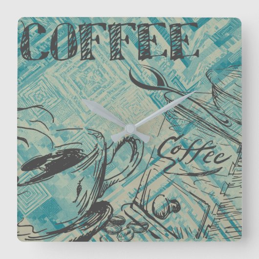 Moderne koffie-art-schets blauw vierkante klok (Voorkant)
