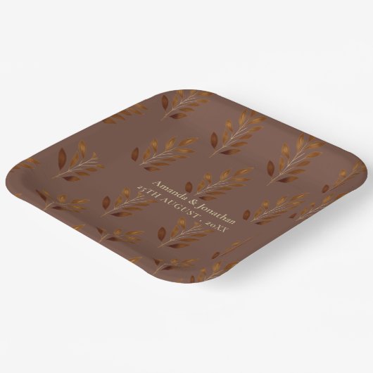 Moderne Koffie Bruin en Goud Blad Trouwpapier Papieren Bordje (Gebogen)
