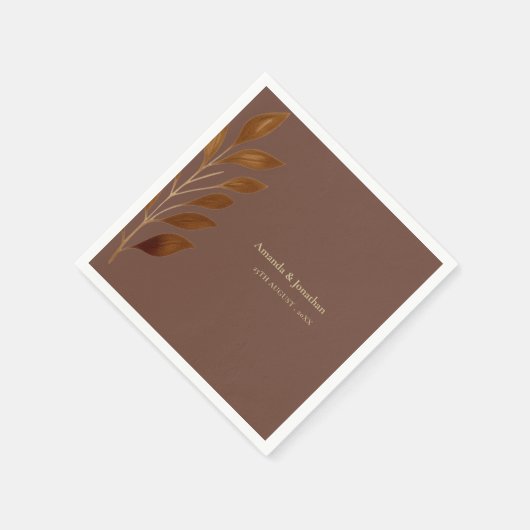 Moderne Koffie Bruin en Gouden Blad Bruiloft Servet (Hoek)
